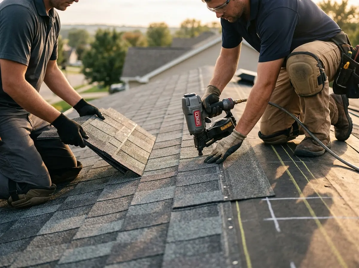 Professional roofer working on a residential roof in Lake Murray of Richland
